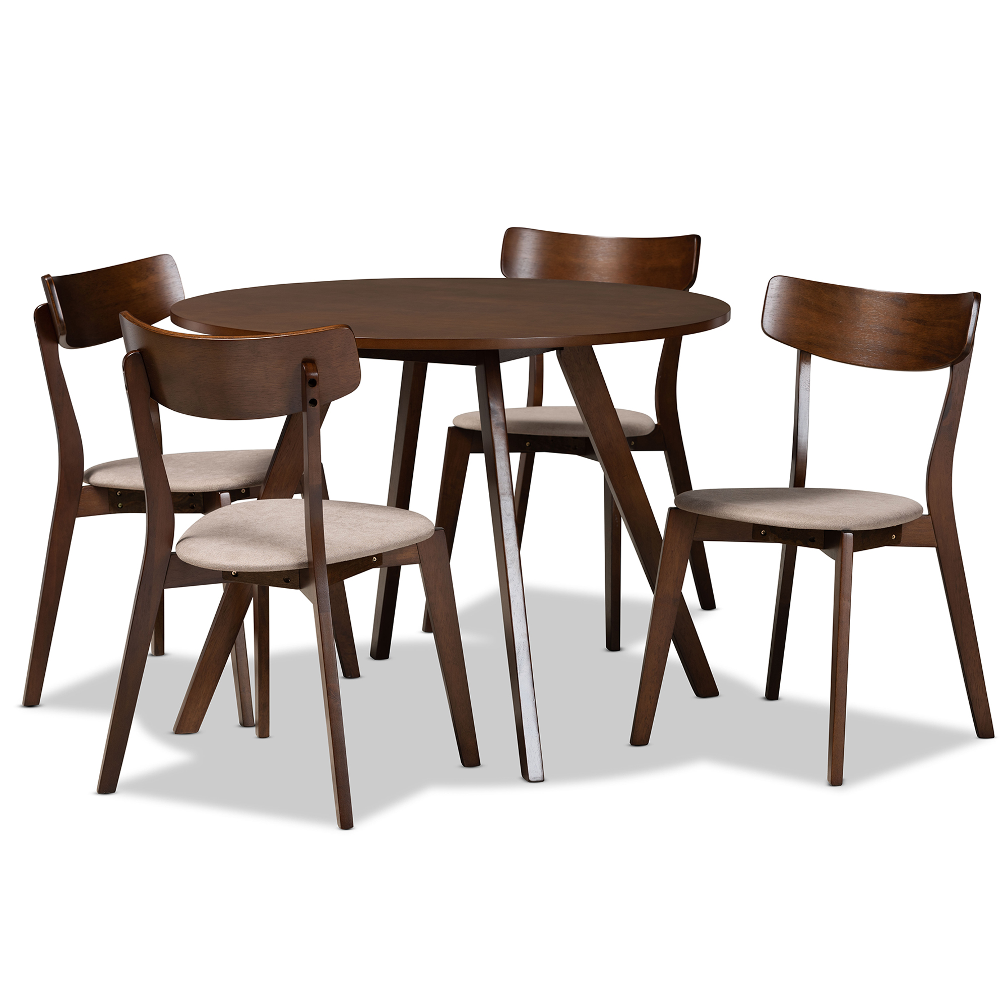 Baxton Studio Rika Mid-Century Modern Transitional Light Beige Fabric Upholstered and Walnut Brown Finished Wood 5-Piece Dining Set